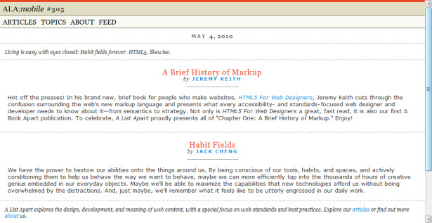 A mobile version of A List Apart.